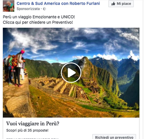 Una creatività Facebook Ads realizzata da Roberto Furlani - Evolution Travel